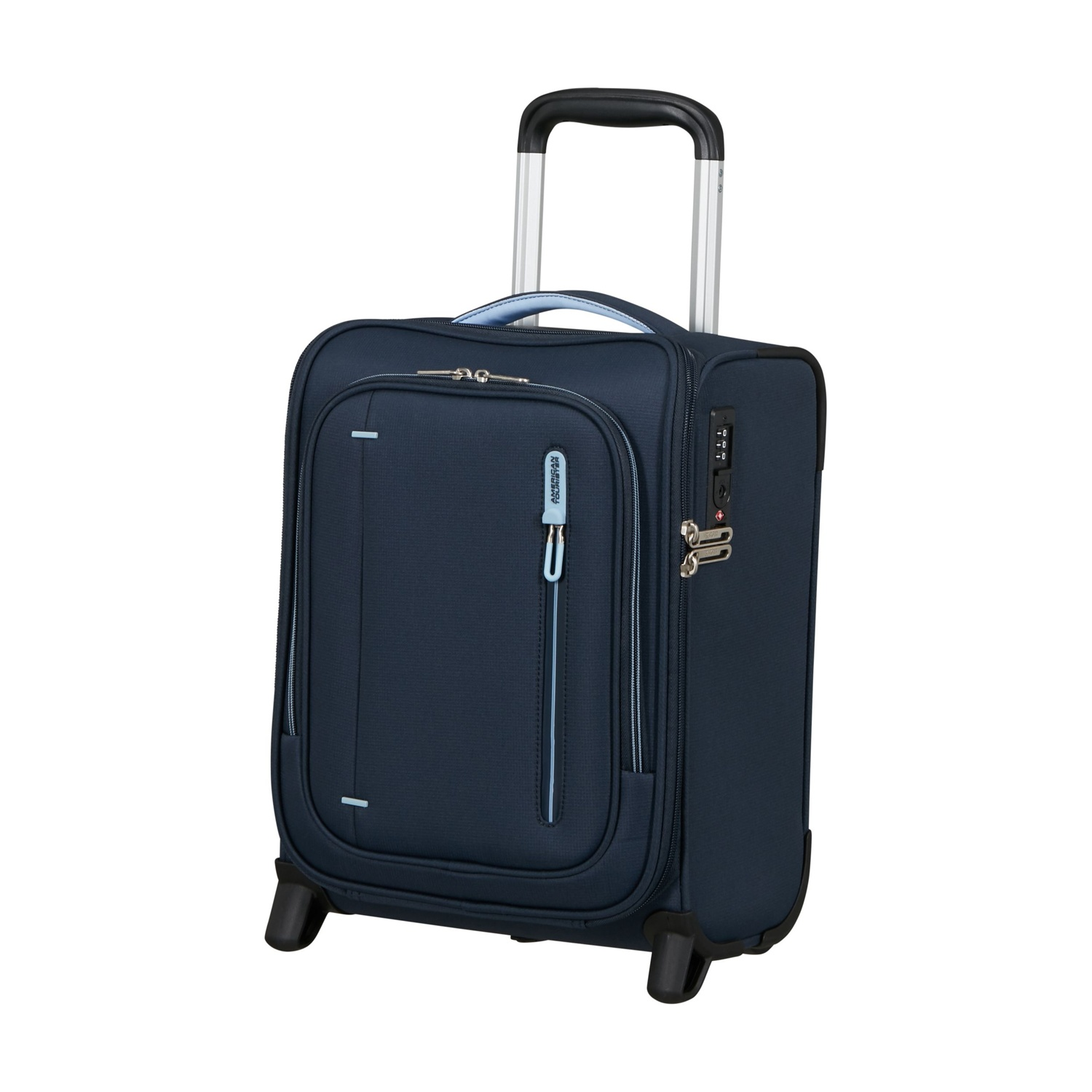 Una valigia da cabina American Tourister blu scuro con manico retrattile e ruote.