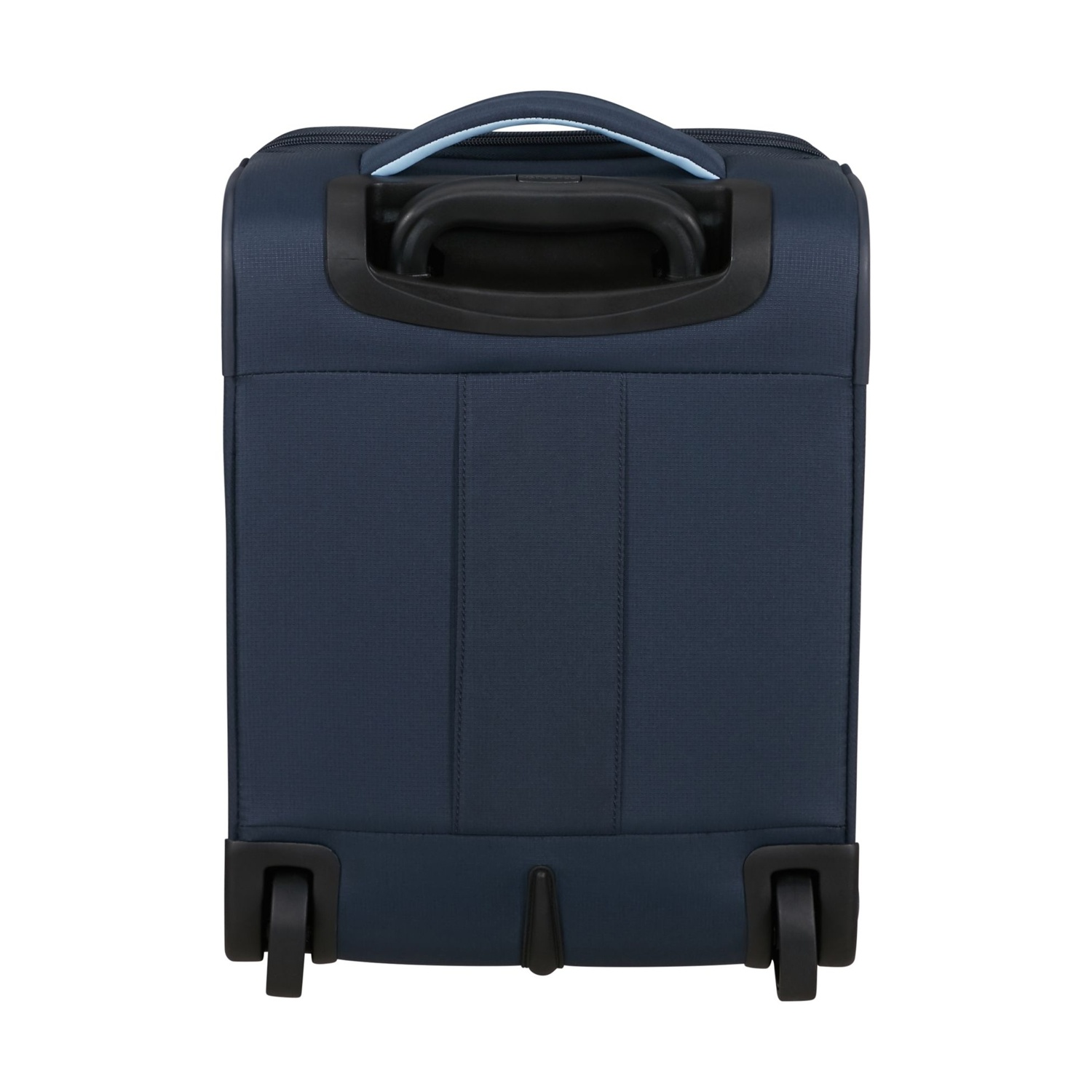 Una valigia blu navy con ruote e manico neri, su sfondo bianco.
