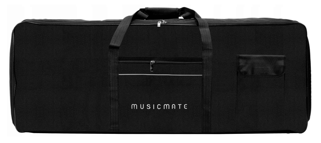 Czarna torba z zamkiem i uchwytami. Logo "MUSICMATE".