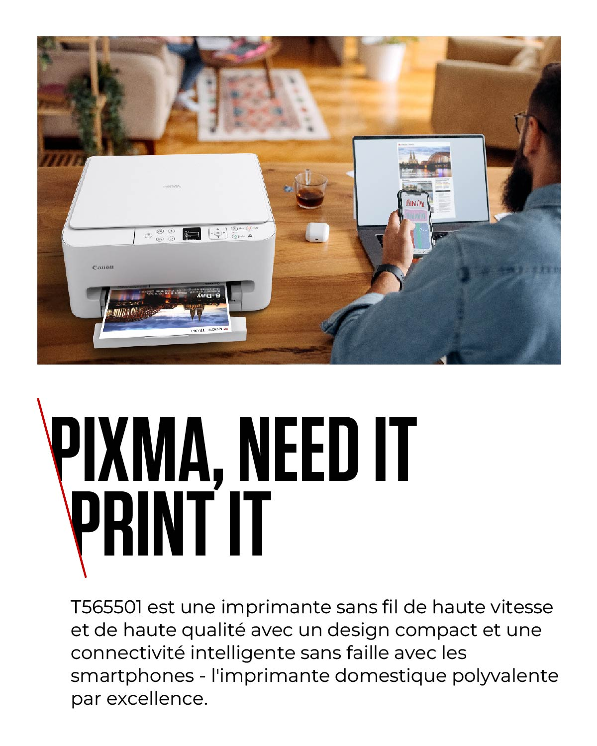 Imprimante Canon Pixma blanche sur bureau en bois, imprimant une photo. Personne utilise laptop et téléphone.