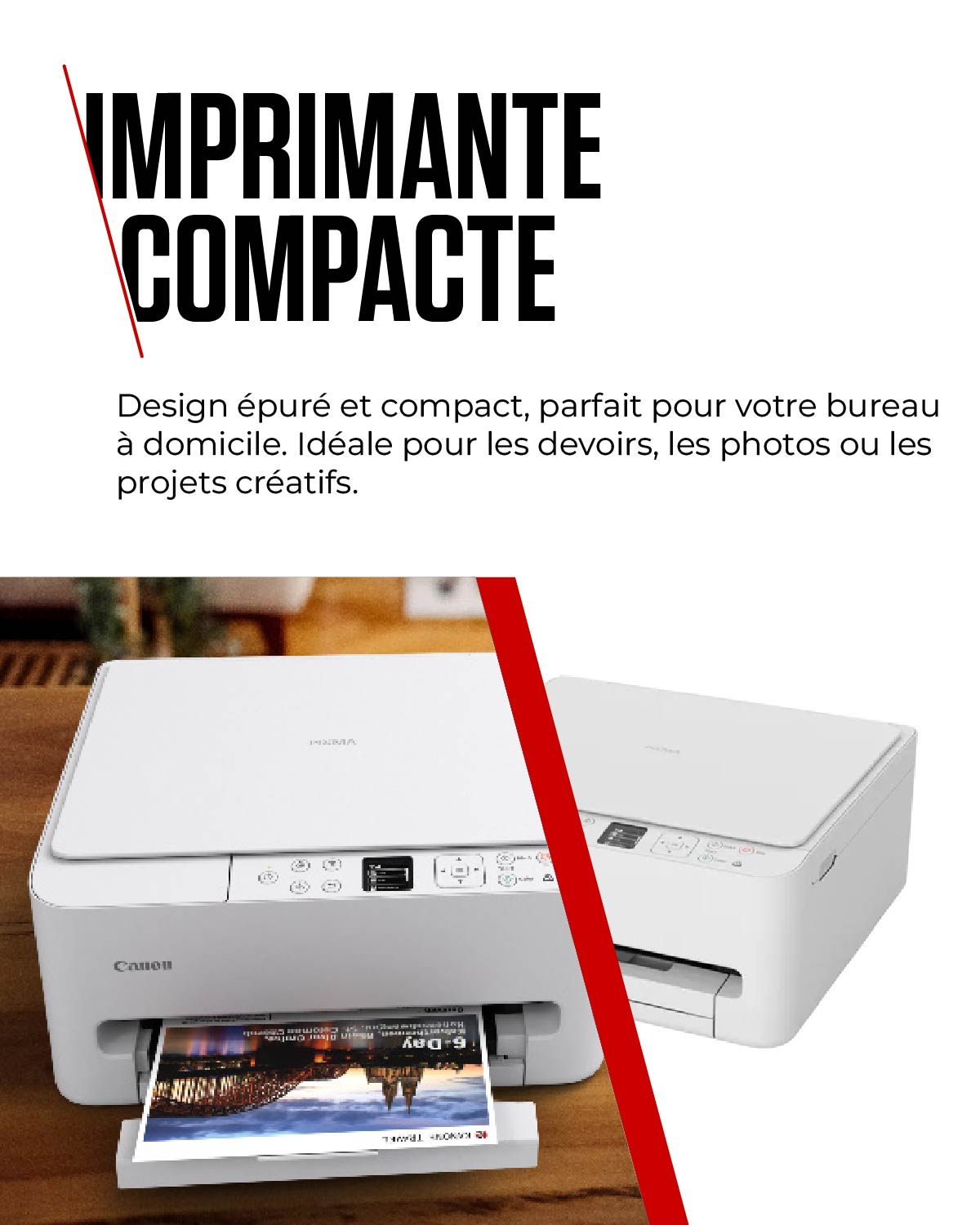 Une imprimante Canon blanche imprime une photo d'un pont et de bâtiments.