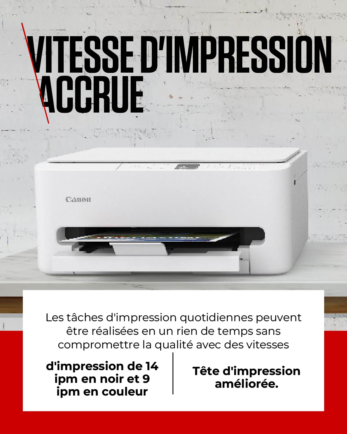 Imprimante Canon blanche avec texte sur la vitesse d'impression accrue.