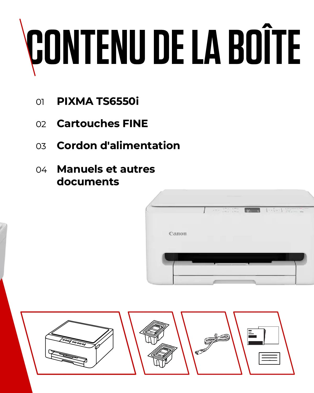 Contenu de la boîte : Imprimante, cartouches, câble, manuels.