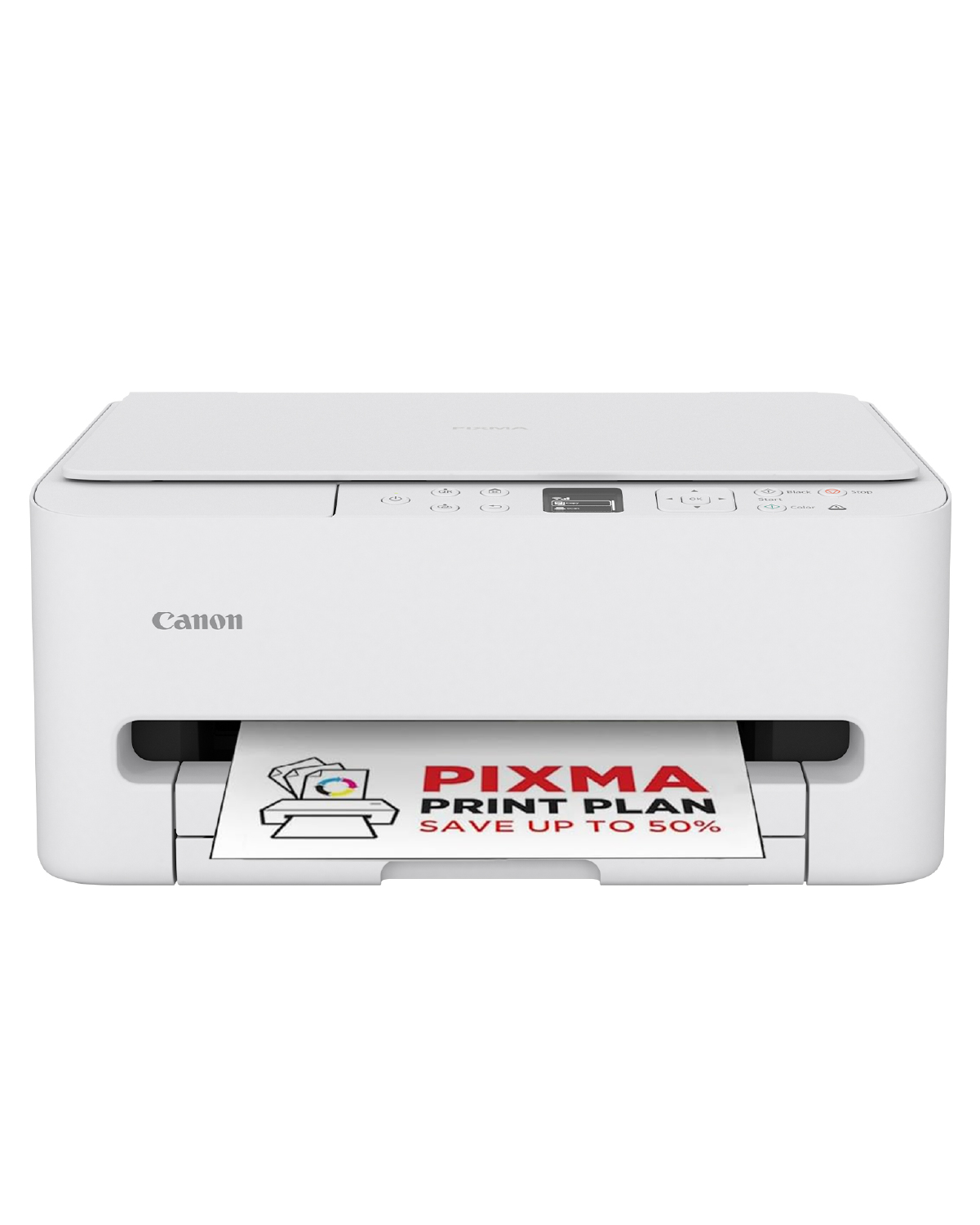 Weiße Canon Pixma Drucker mit einem Papierausdruck einer PIXMA PRINT PLAN SAVE UP TO 50% Anzeige.