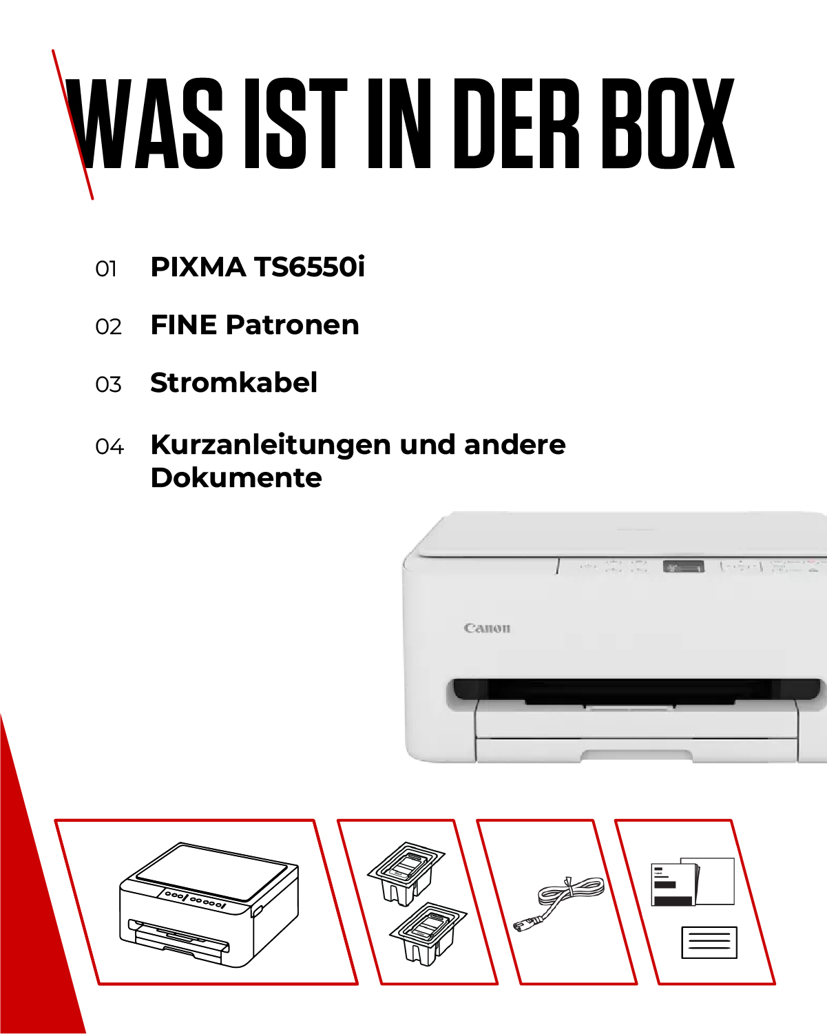 Inhalt der Box: Drucker, Patronen, Kabel, Dokumente.
