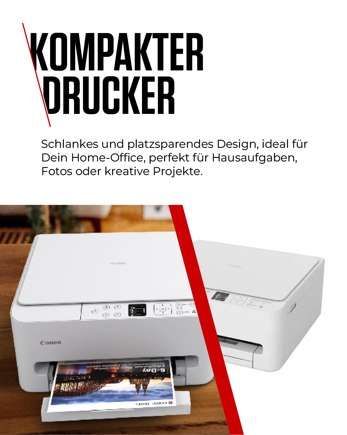 Ein weißer Canon Pixma Drucker druckt eine Reisebroschüre. Text: 'KOMPAKTER DRUCKER'.