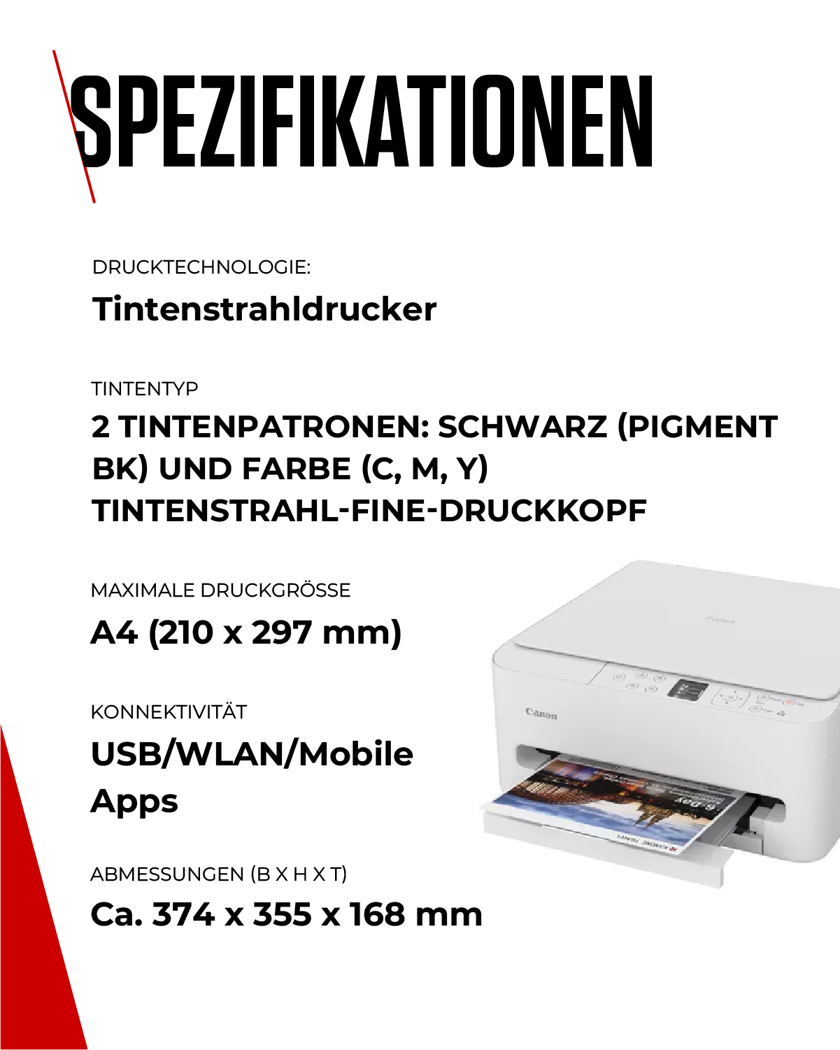 Spezifikationen eines weißen Canon Tintenstrahldruckers mit USB/WLAN.