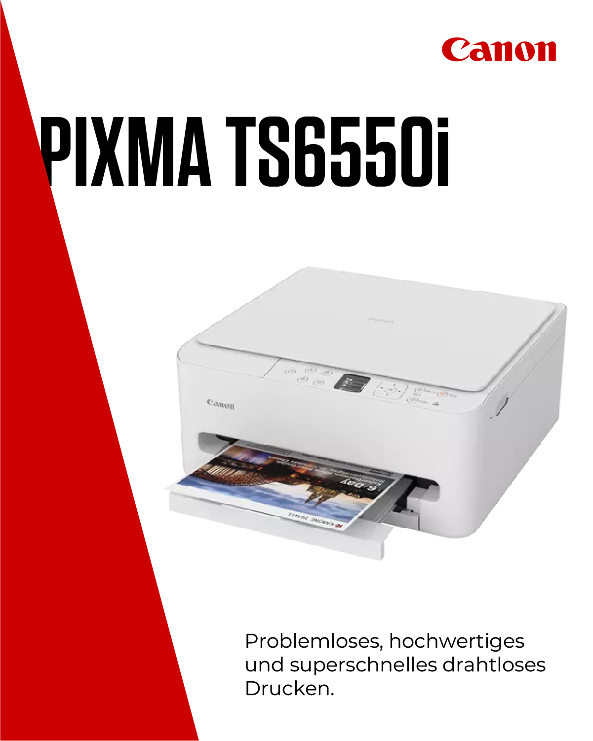 Ein weißer Canon PIXMA TS6550i Drucker druckt ein Bild mit einer Stadtansicht.