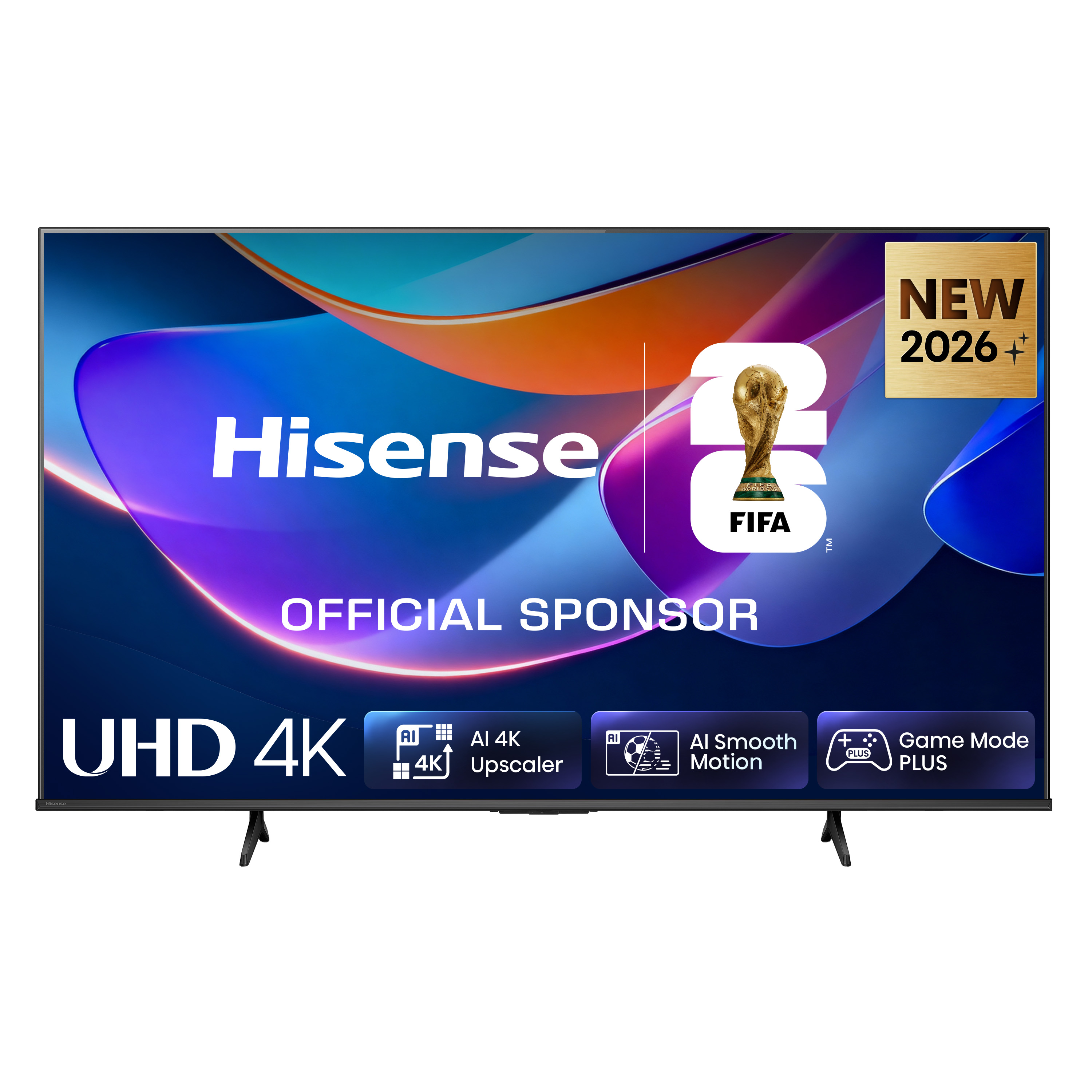 Hisense UHD 4K TV mit FIFA-Logo, „New 2026“ und AI-Funktionen.