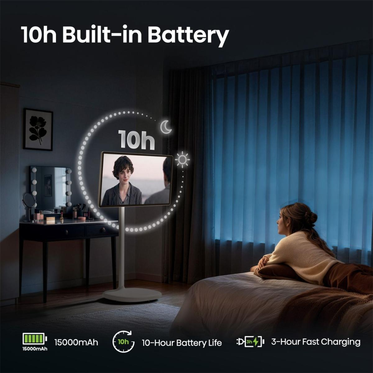 Eine Frau liegt auf einem Bett und schaut auf einen Fernseher, der auf einem Ständer steht.
