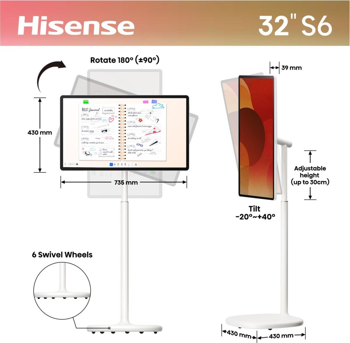 Hisense 32" S6 mit Standfuß, drehbar, neigbar und höhenverstellbar.