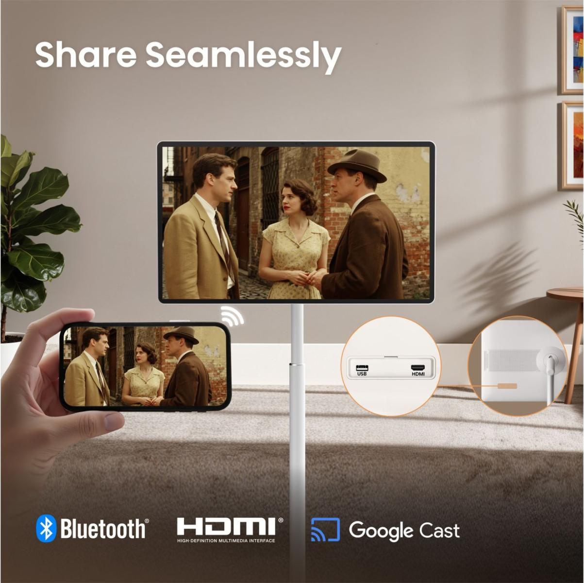 Ein Smartphone spiegelt einen Film auf einen größeren Bildschirm. Bluetooth, HDMI, Google Cast.