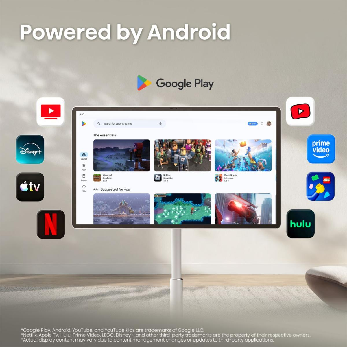 Ein Android-Tablet zeigt die Google Play Store-Oberfläche mit App-Symbolen.