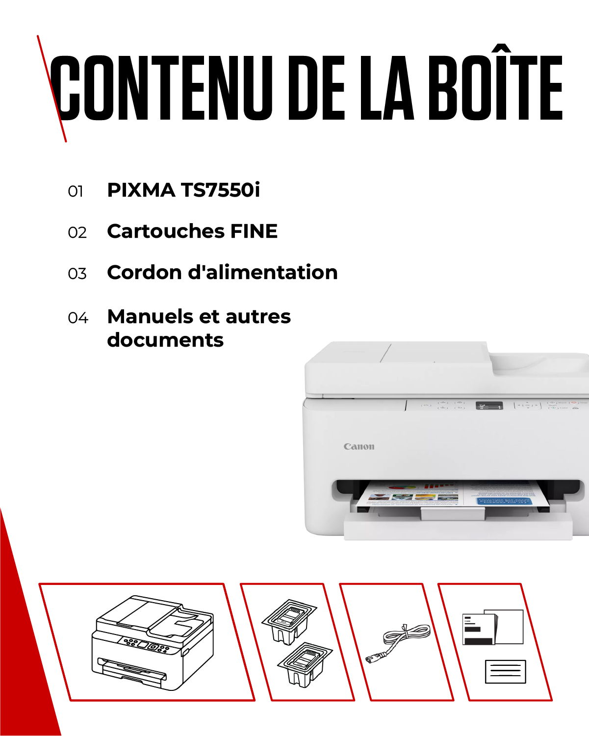 Contenu de la boîte : Imprimante, cartouches, câble, manuels.