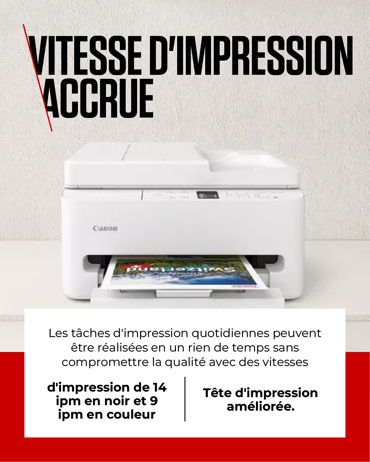 Une imprimante Canon blanche imprime une image sur du papier. "Vitesse d'impression accrue".