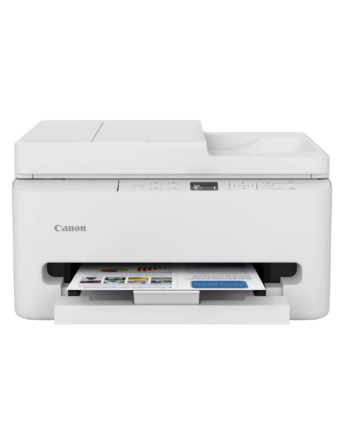 Ein weißer Canon Drucker mit einem Blatt Papier in der Ablage.
