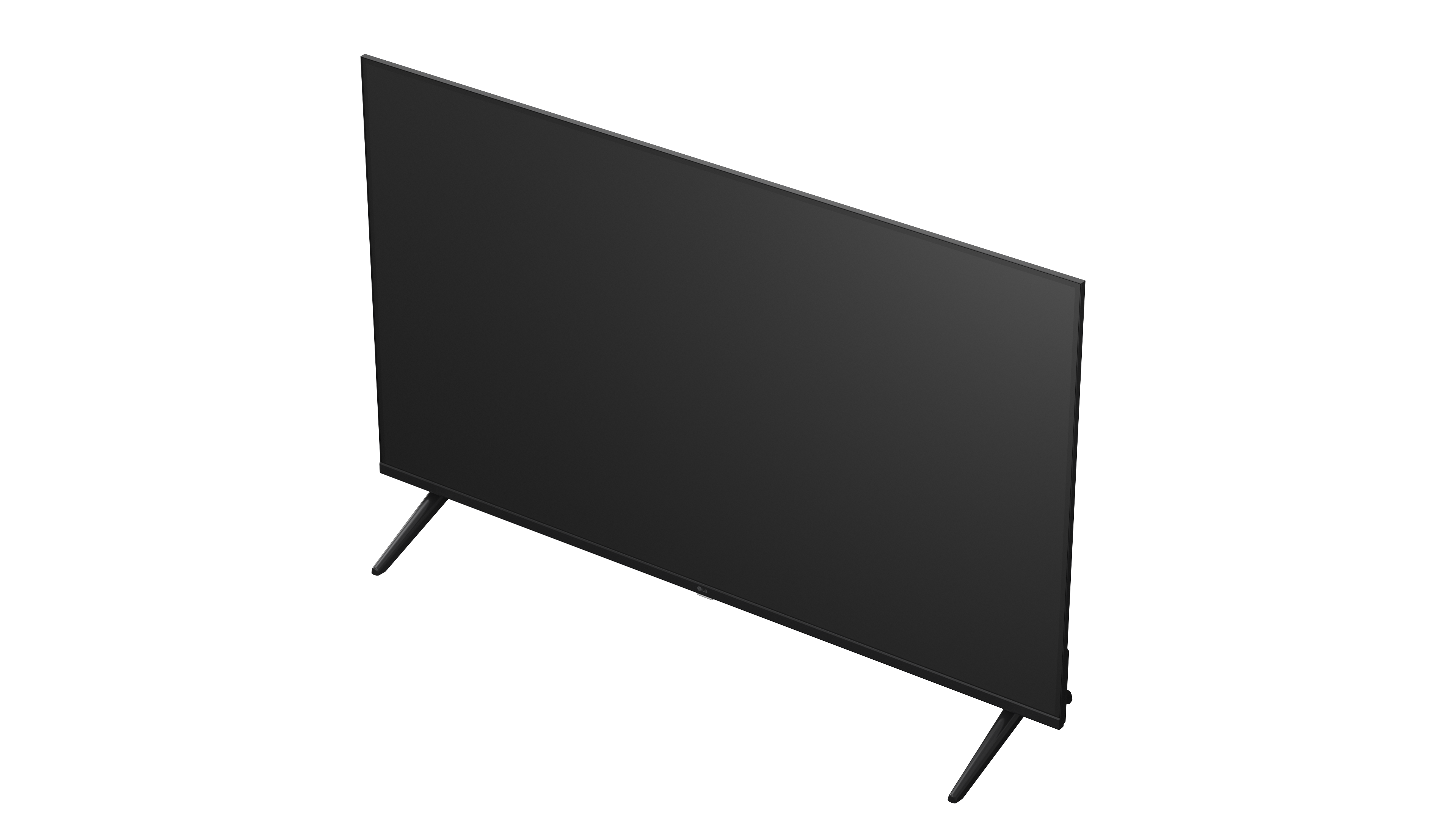 Ein schwarzer Fernseher mit schmalem Rahmen und zwei Beinen.
