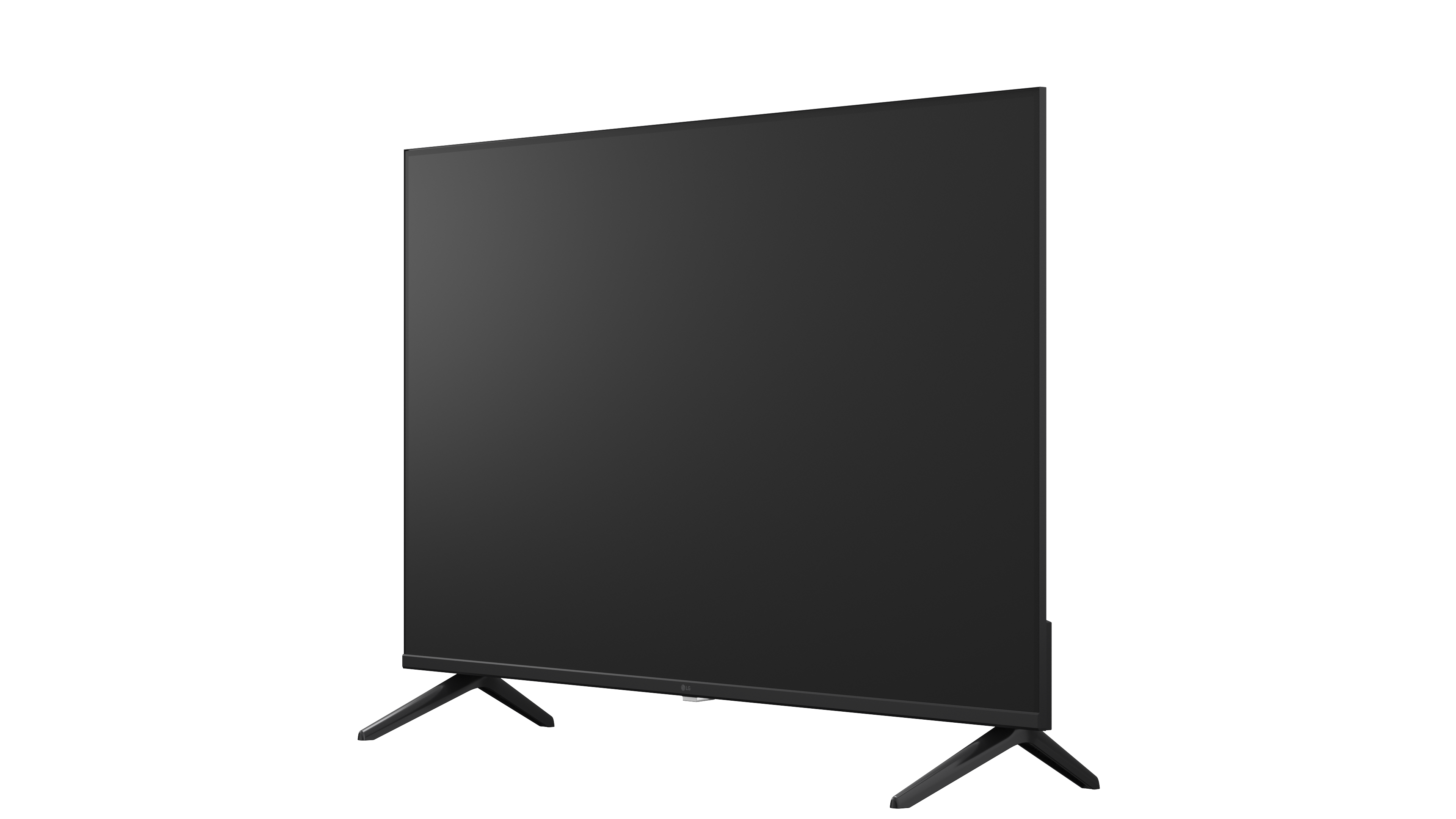 Ein schwarzer Flachbildfernseher mit zwei V-förmigen Füßen, von der Seite gesehen.