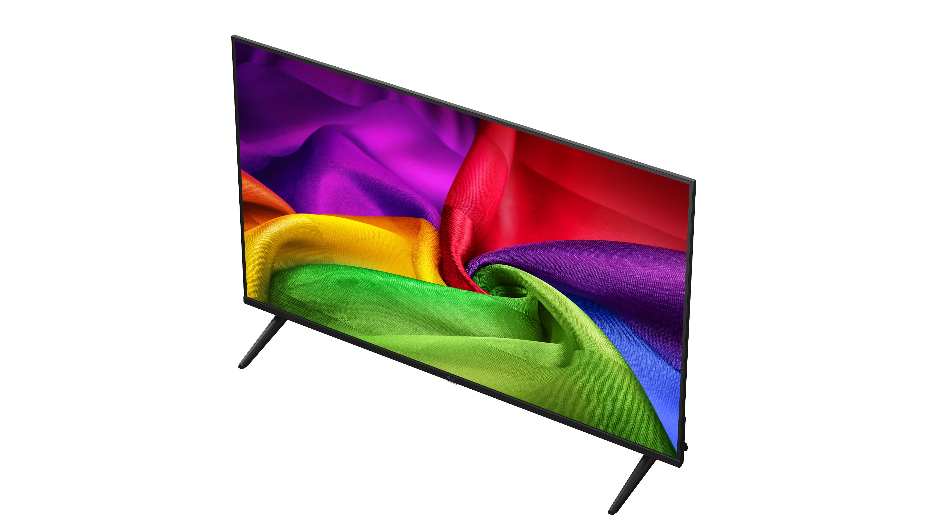 Ein moderner Flachbildfernseher mit einem bunten Stoffmuster auf dem Bildschirm.
