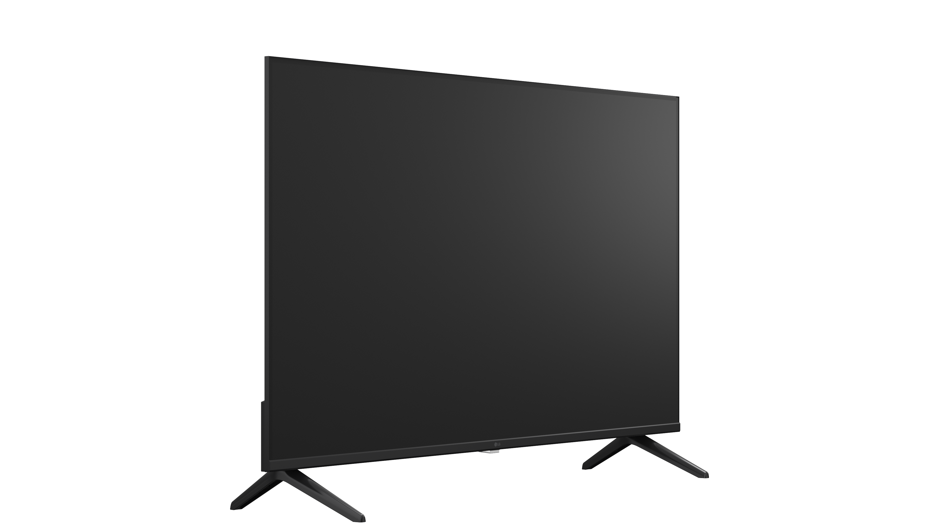 Ein schwarzer Fernseher mit schmalem Rahmen auf einem schwarzen Ständer.