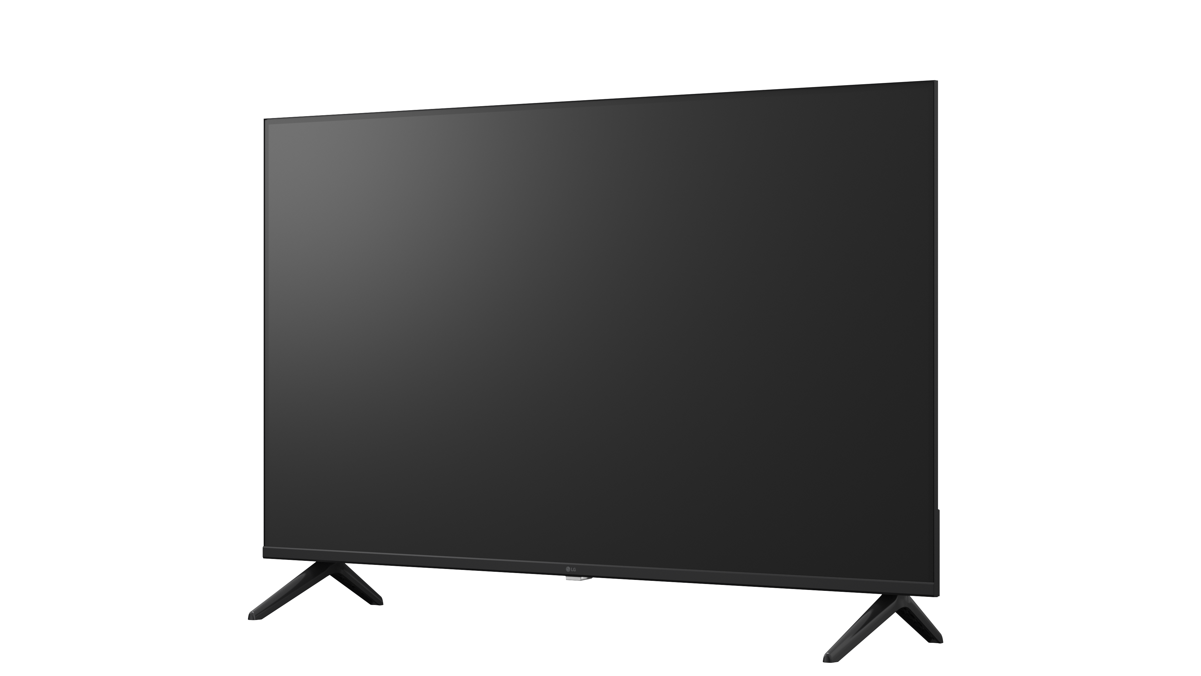 Ein schwarzer Fernseher mit einem schmalen Rahmen auf einem schwarzen Ständer.