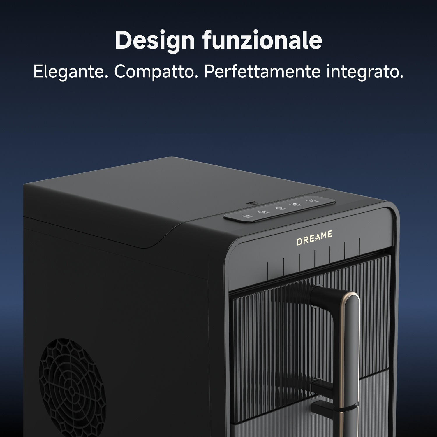 Apparecchio nero con maniglia e griglia di ventilazione. Testo: Design funzionale.