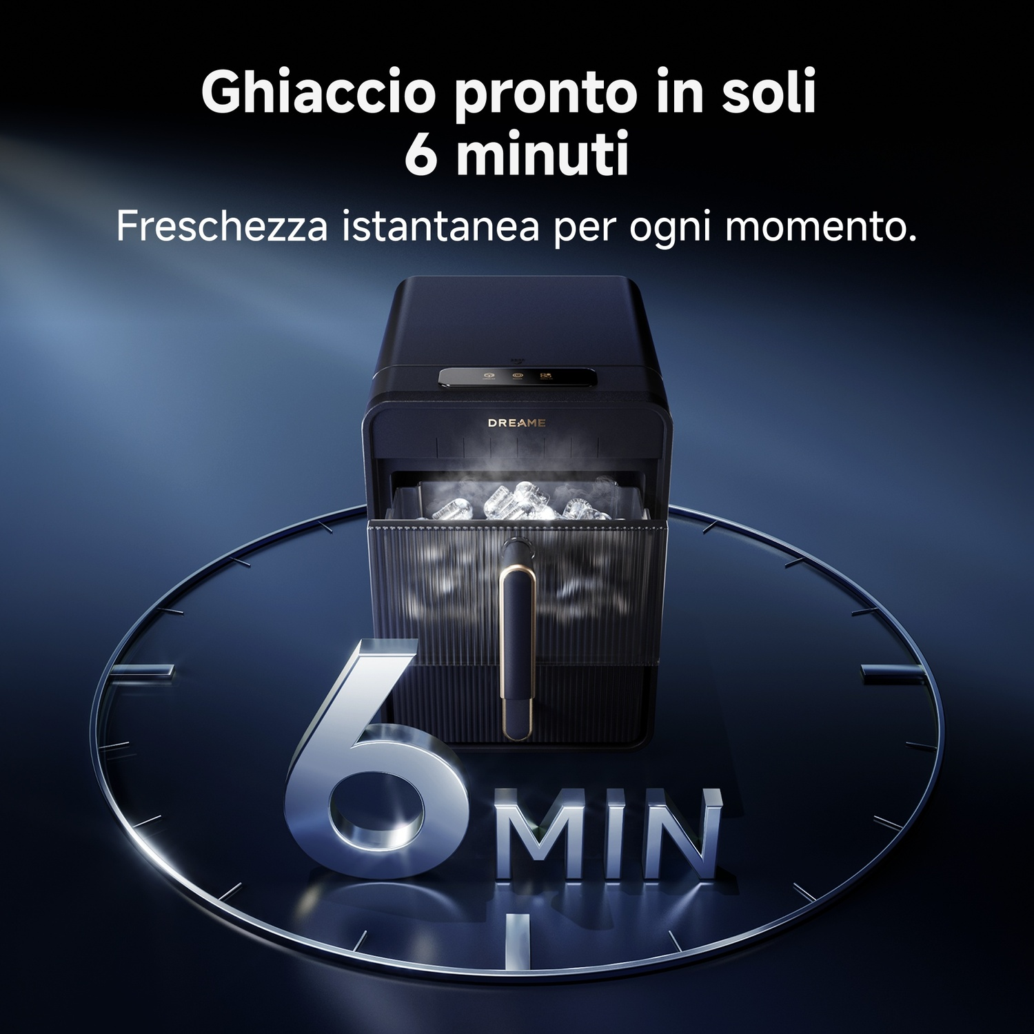 Macchina per il ghiaccio Dreame con ciclo di 6 minuti, su sfondo di orologio.