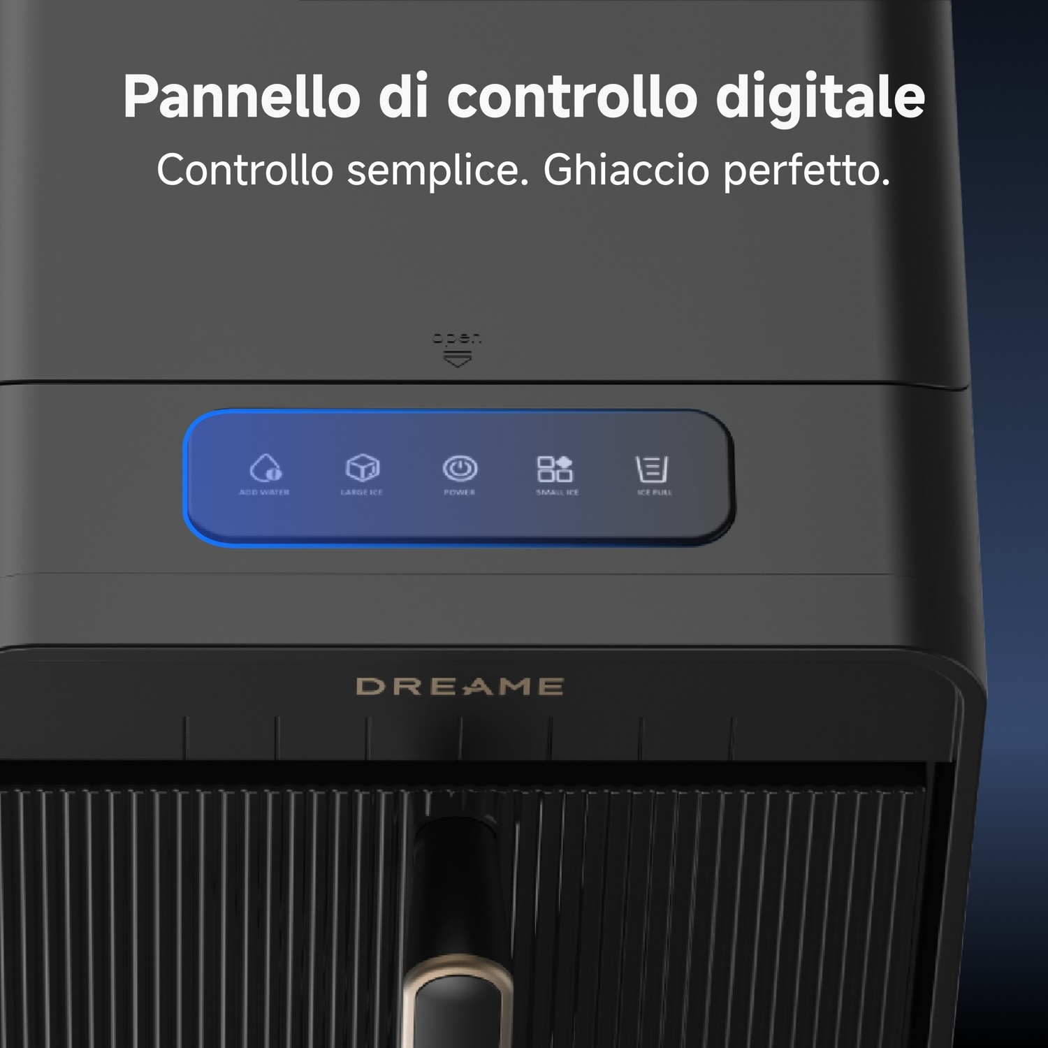 Macchina per il ghiaccio nera con display digitale: Aggiungi acqua, Ghiaccio grande, Accensione, Ghiaccio piccolo, Ghiaccio pieno.