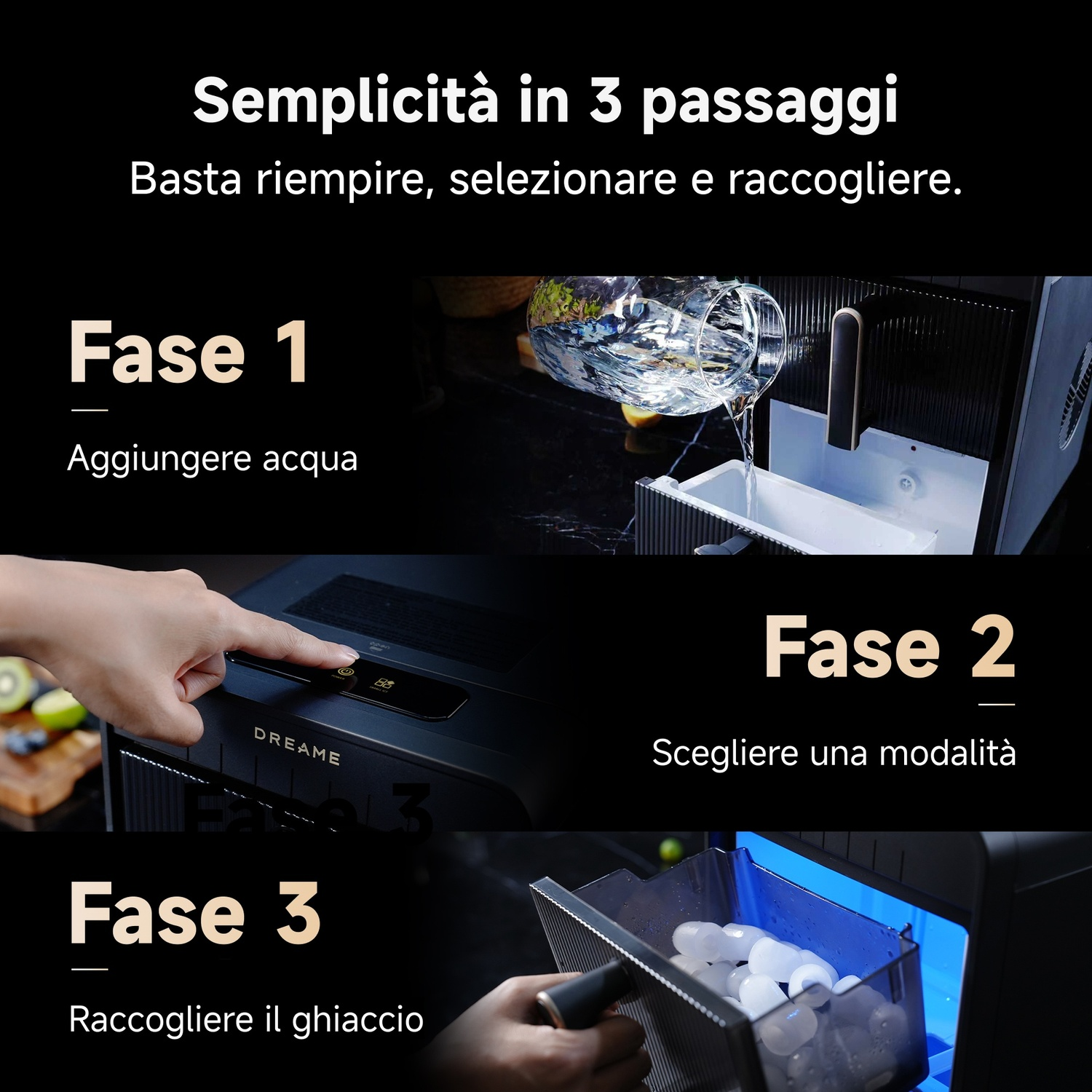 Macchina del ghiaccio: Riempi d'acqua, seleziona modalità, raccogli ghiaccio.