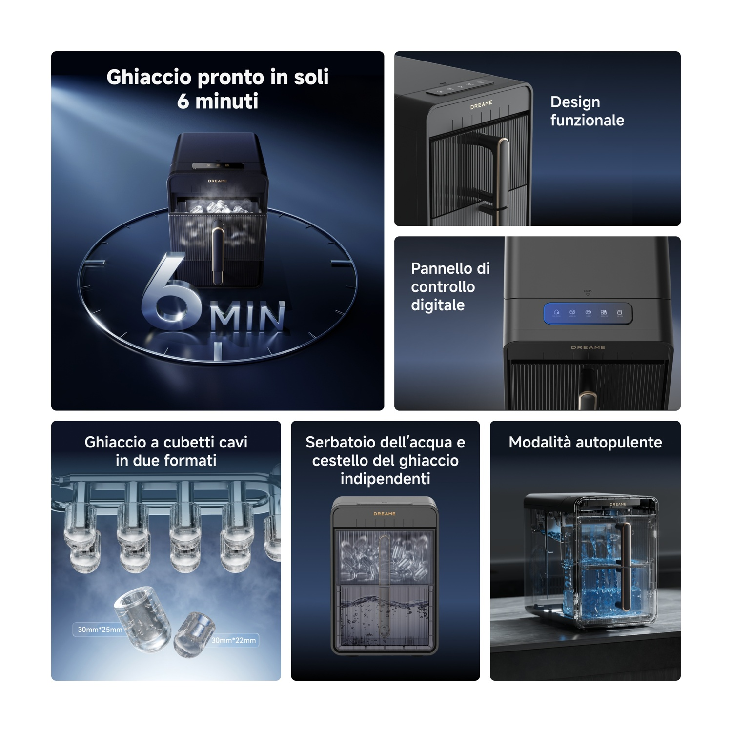 Macchina del ghiaccio con pannello digitale, due dimensioni di ghiaccio e modalità autopulente.