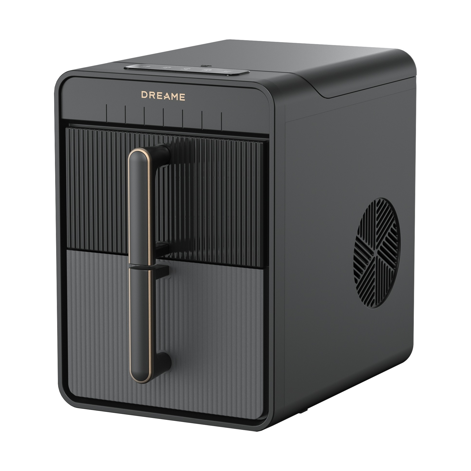 Un purificatore d'aria nero rettangolare con manico dorato e fessure di ventilazione.