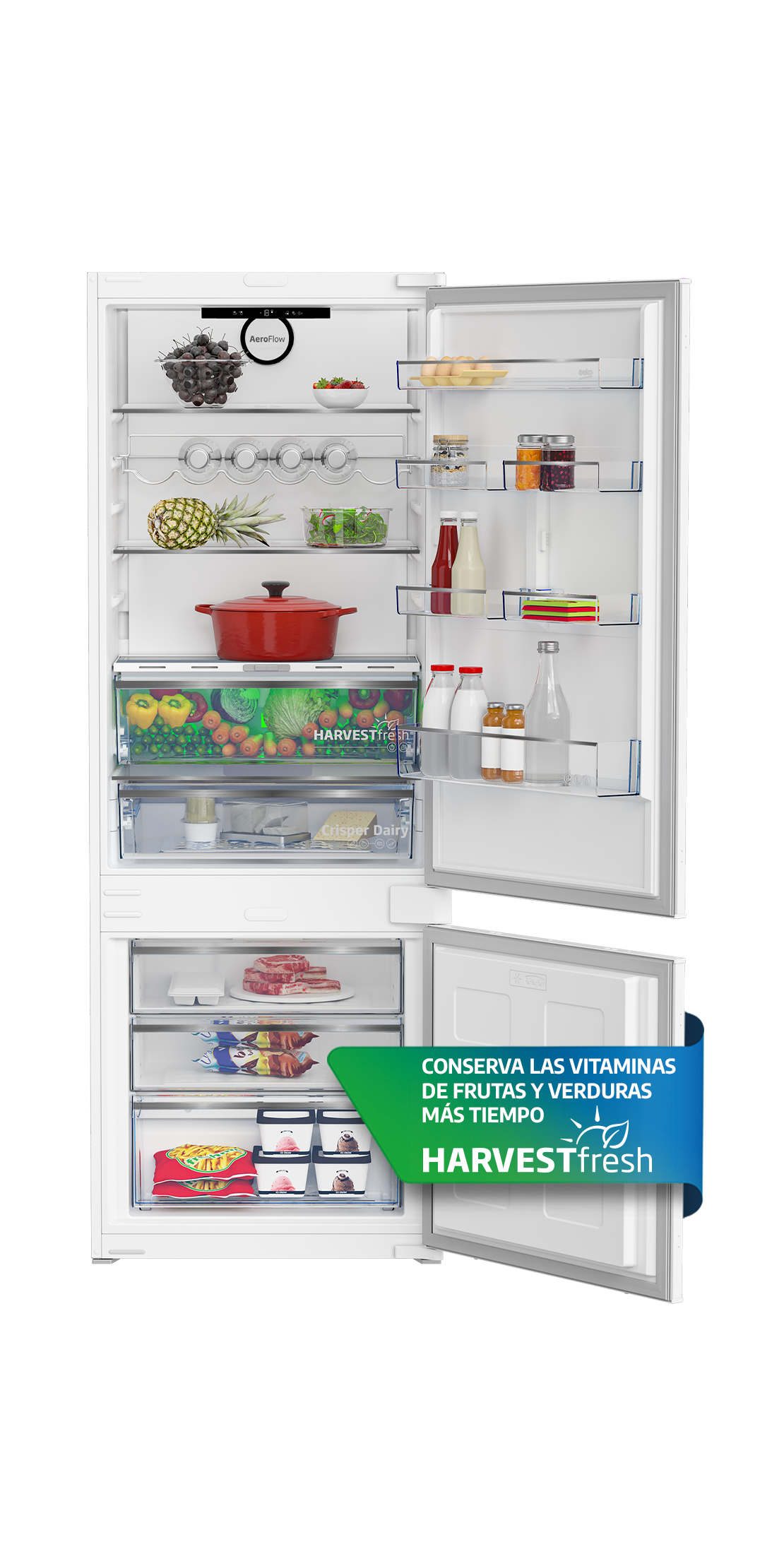 Refrigerador abierto lleno de comida: frutas, verduras, carne y helado.