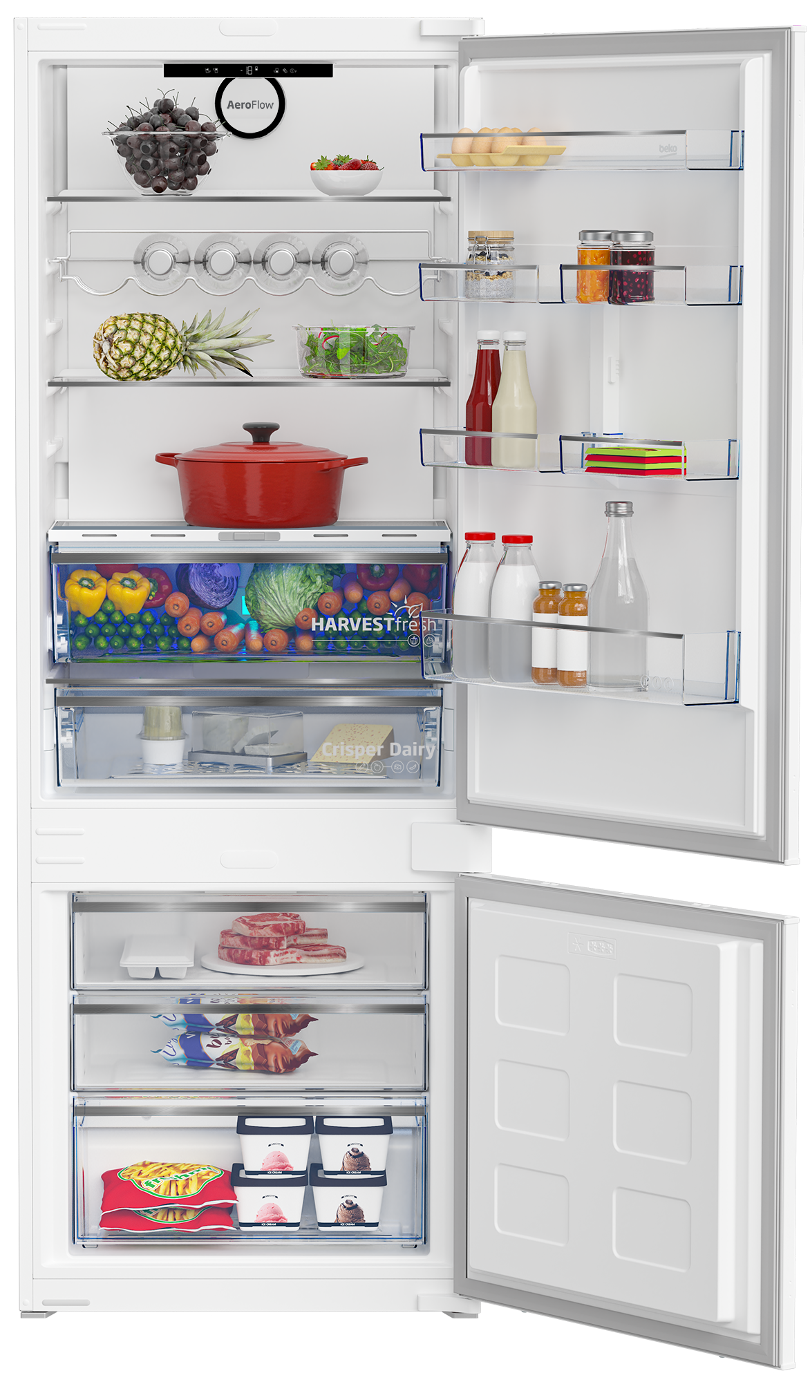 Un refrigerador abierto con alimentos como frutas, verduras, carne, helado y bebidas.