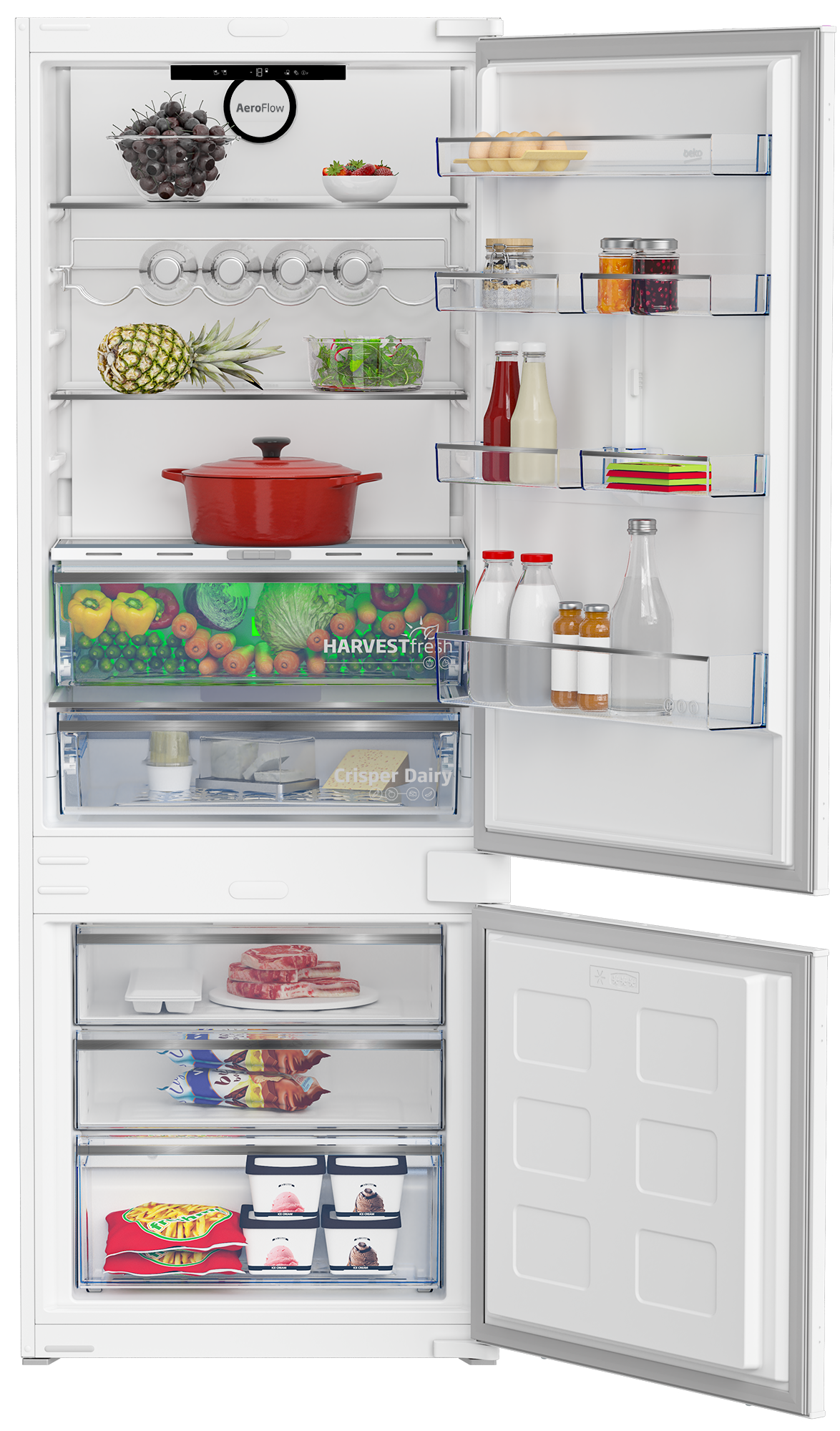Refrigerador abierto con alimentos: frutas, verduras, carne, helados y bebidas.