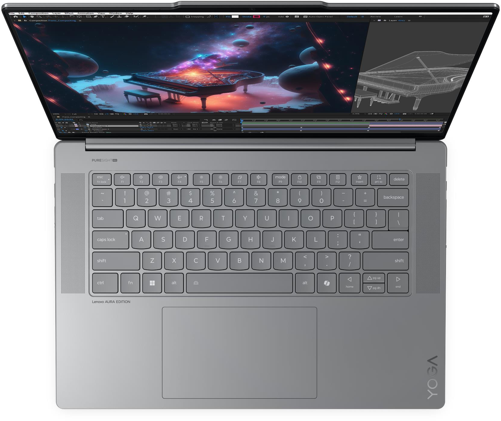 Laptopon digitális zongorakompozíció csillagokkal és bolygókkal.