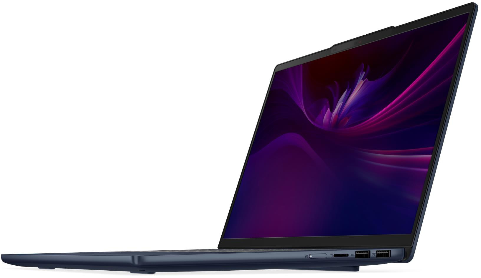 Egy nyitott sötétkék laptop, absztrakt lila háttérképpel a képernyőn.