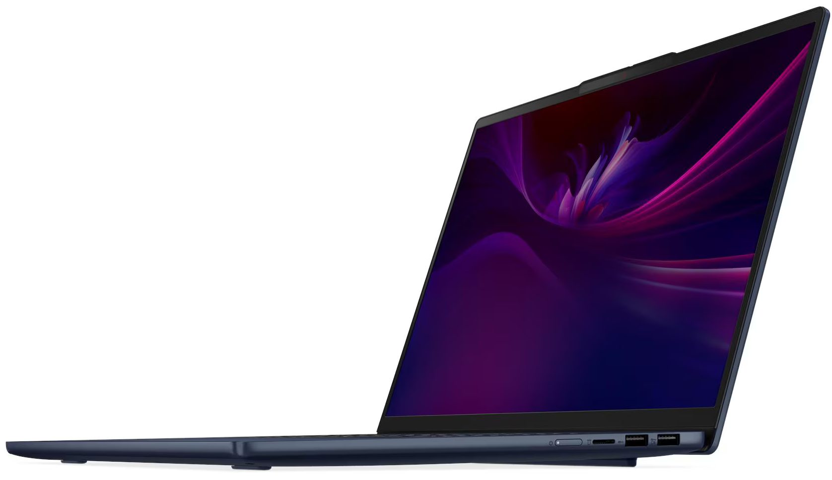 Sötétkék laptop nyitott képernyővel, lila és rózsaszín absztrakt mintát mutatva.