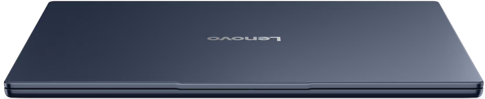 Sötétkék zárt laptop ezüst Lenovo logóval a fedélen.