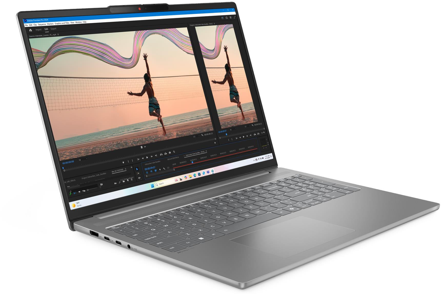 Egy laptopon Adobe Premiere Pro fut, egy strandröplabdázó személy videóját mutatva.