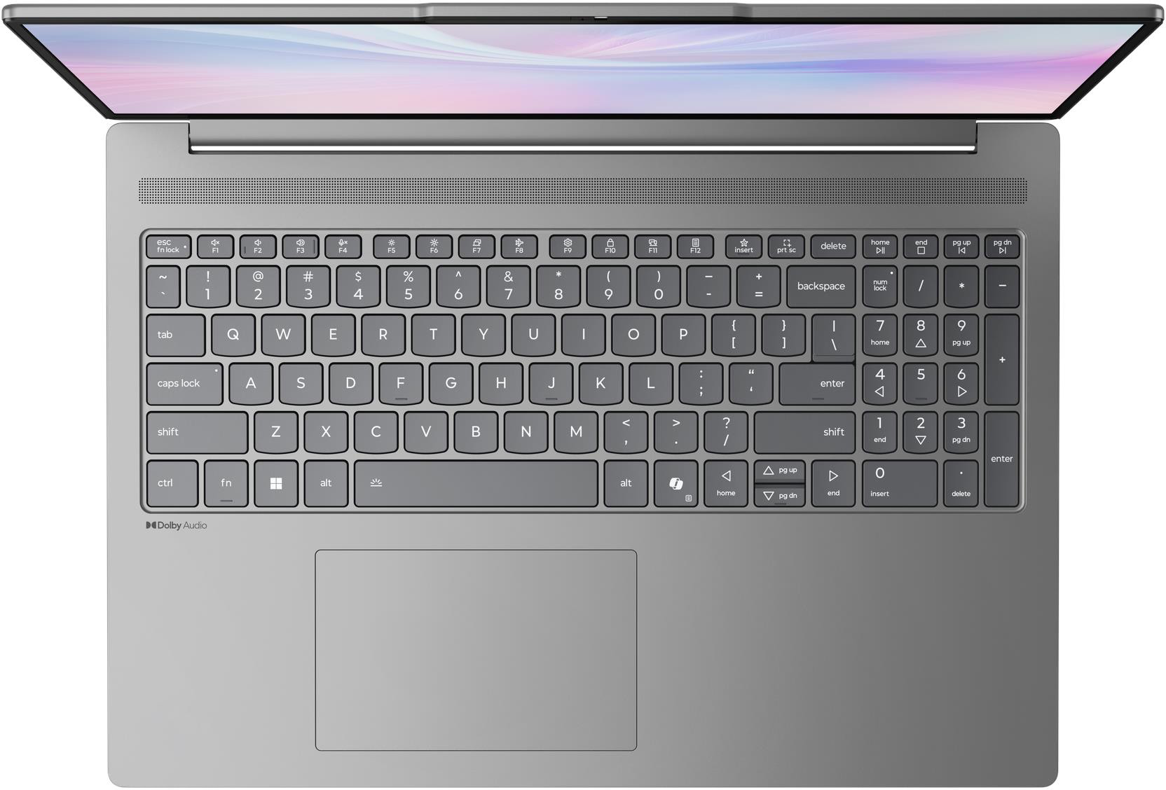 Szürke laptop nyitott képernyővel, billentyűzettel és érintőpaddal.