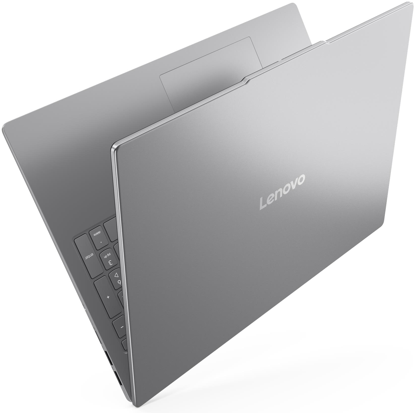 Ezüst Lenovo laptop nyitott fedéllel, felülnézetből.