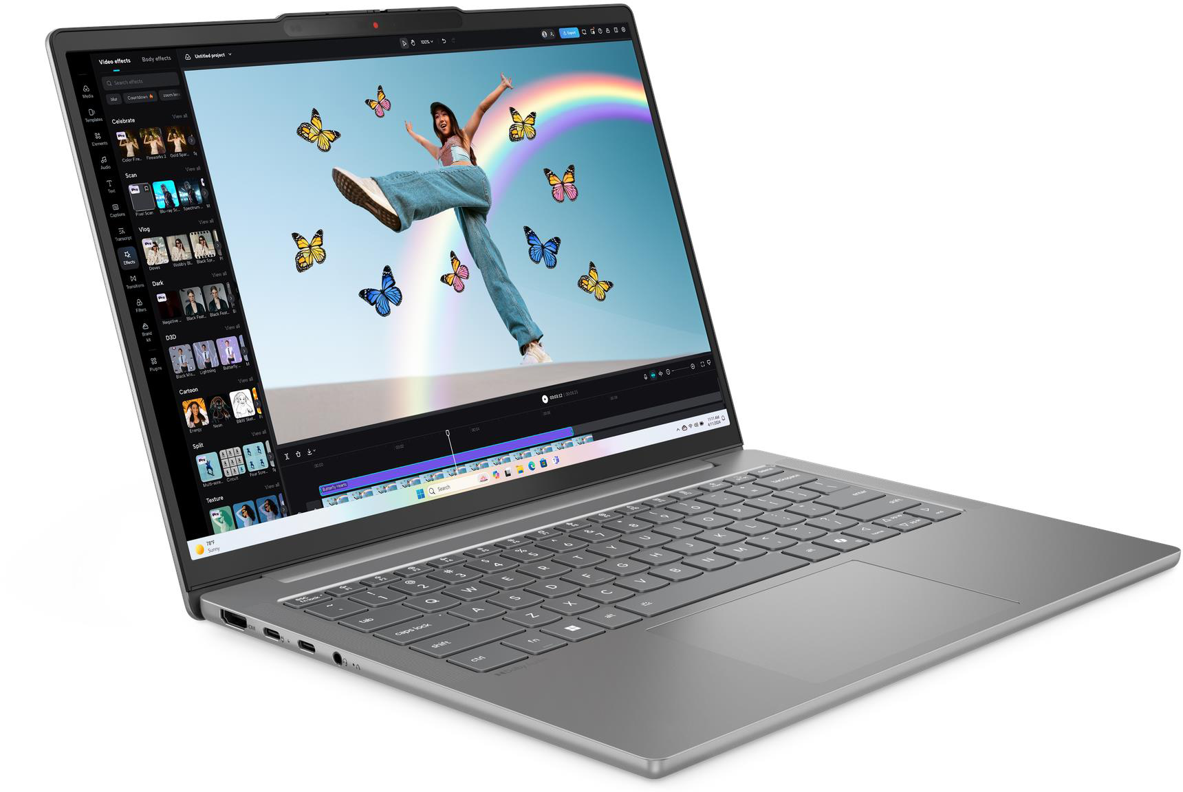 Laptop képernyőn szerkesztőszoftver: nő és pillangók szivárvány előtt.
