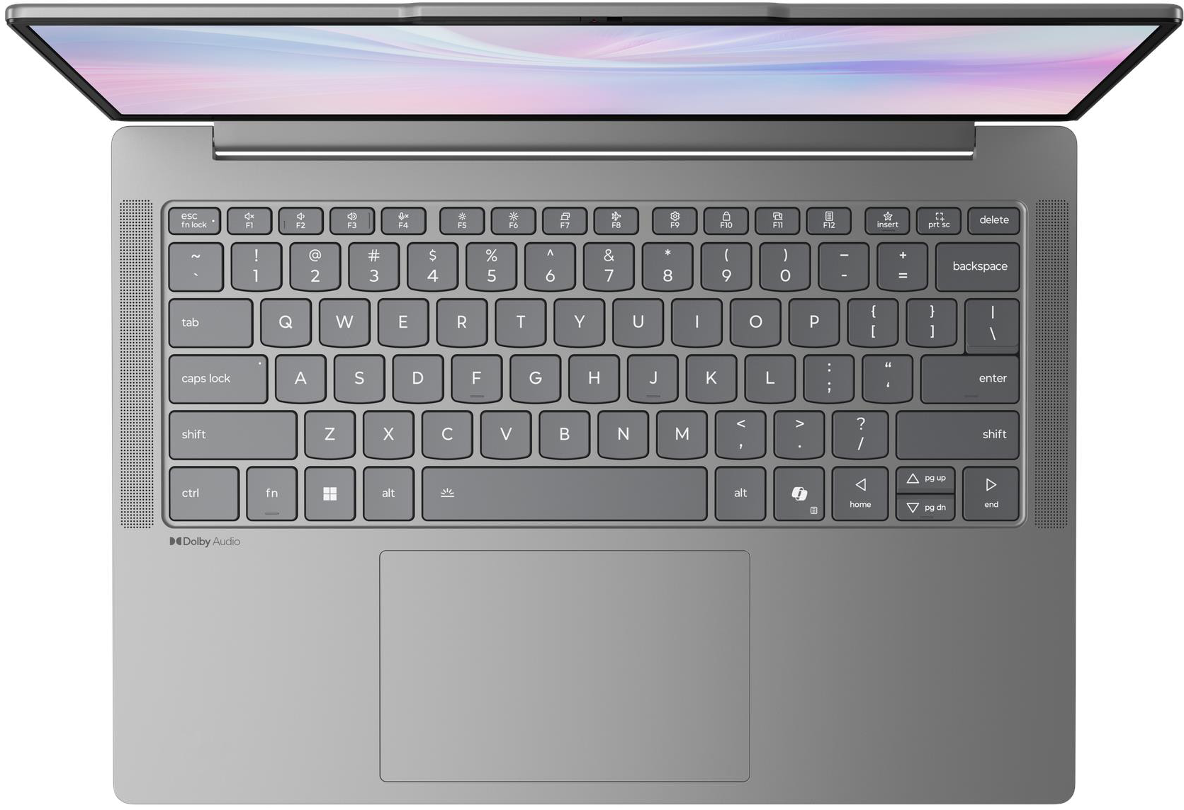 Ezüst laptop felülnézetben, billentyűzet és színes kijelzőjű képernyő látható.