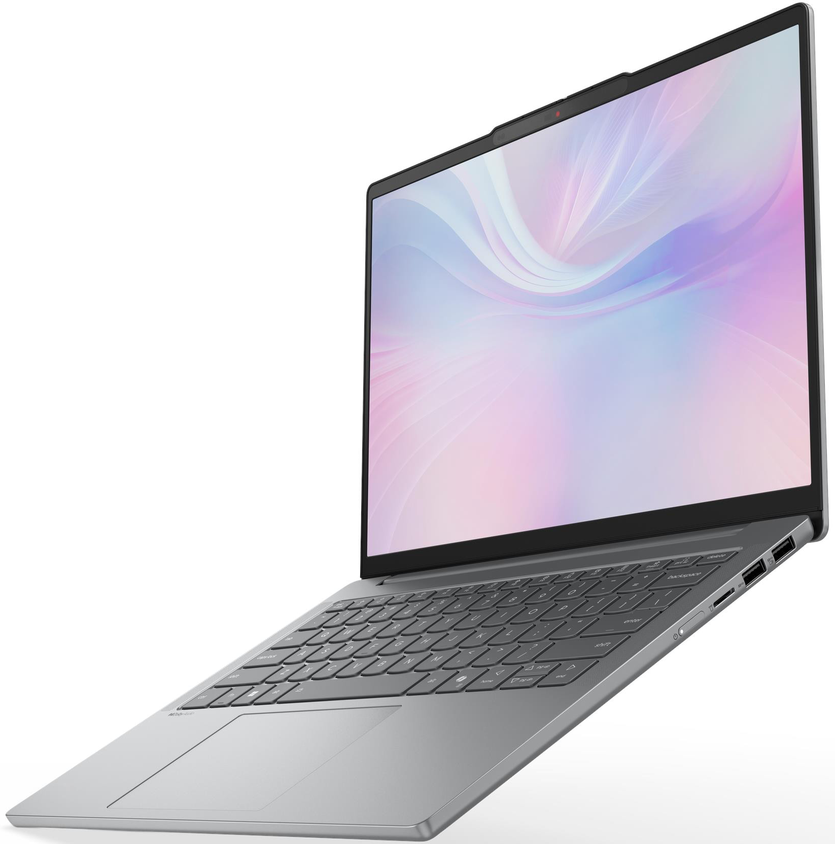 Ezüst laptop billentyűzettel és képernyővel, fehér háttéren ferdén.