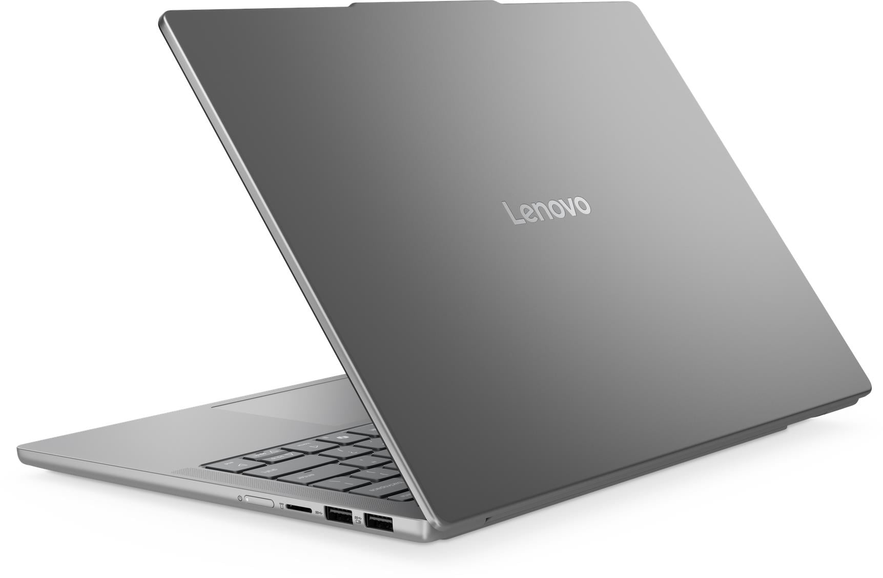Egy szürke Lenovo laptop, félig nyitott, billentyűzettel és portokkal.