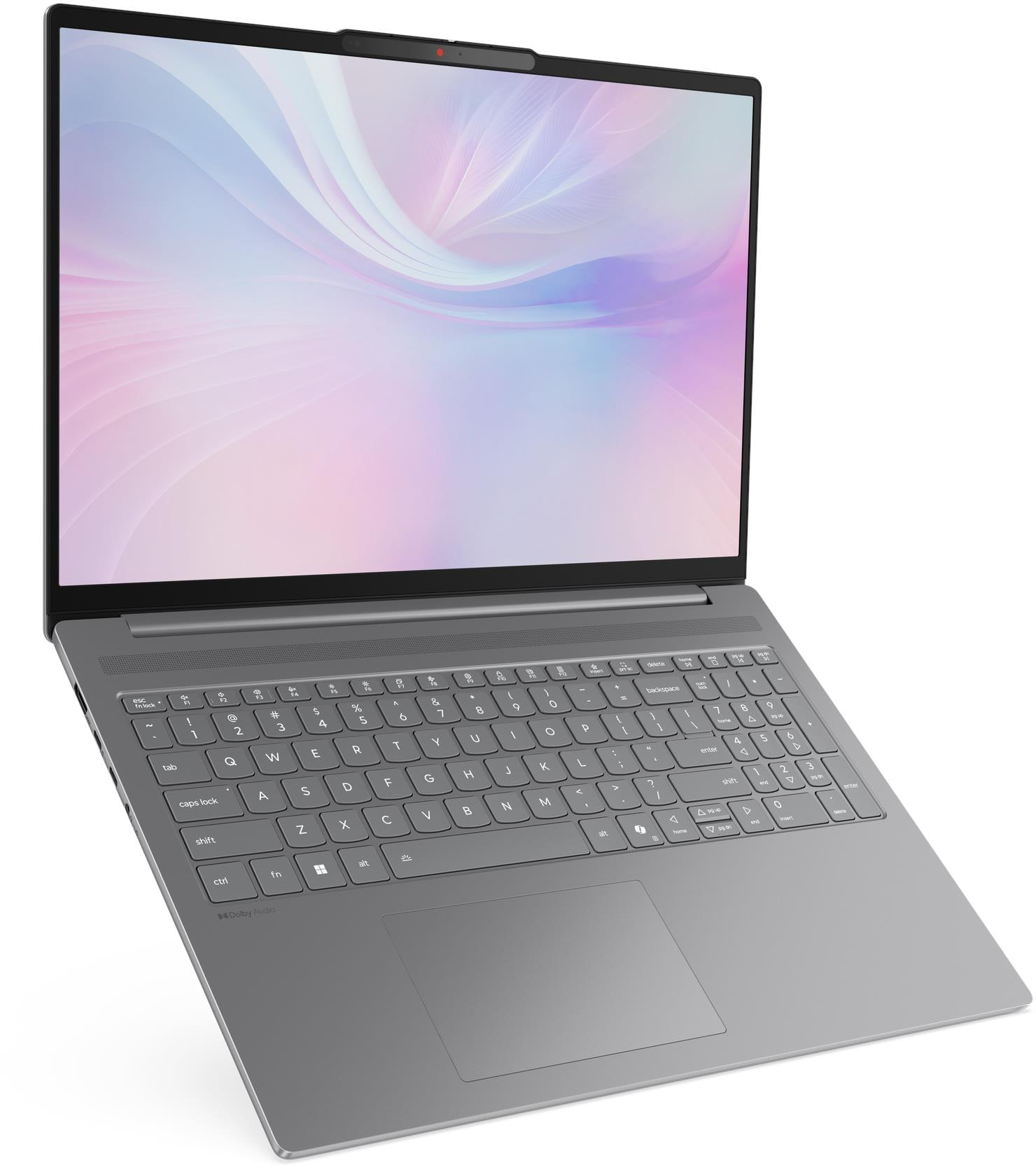 Szürke laptop háttérvilágítású képernyővel és billentyűzettel.