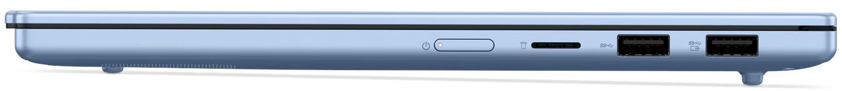 Kék laptop oldal bekapcsológombbal, USB-C és két USB-A porttal.