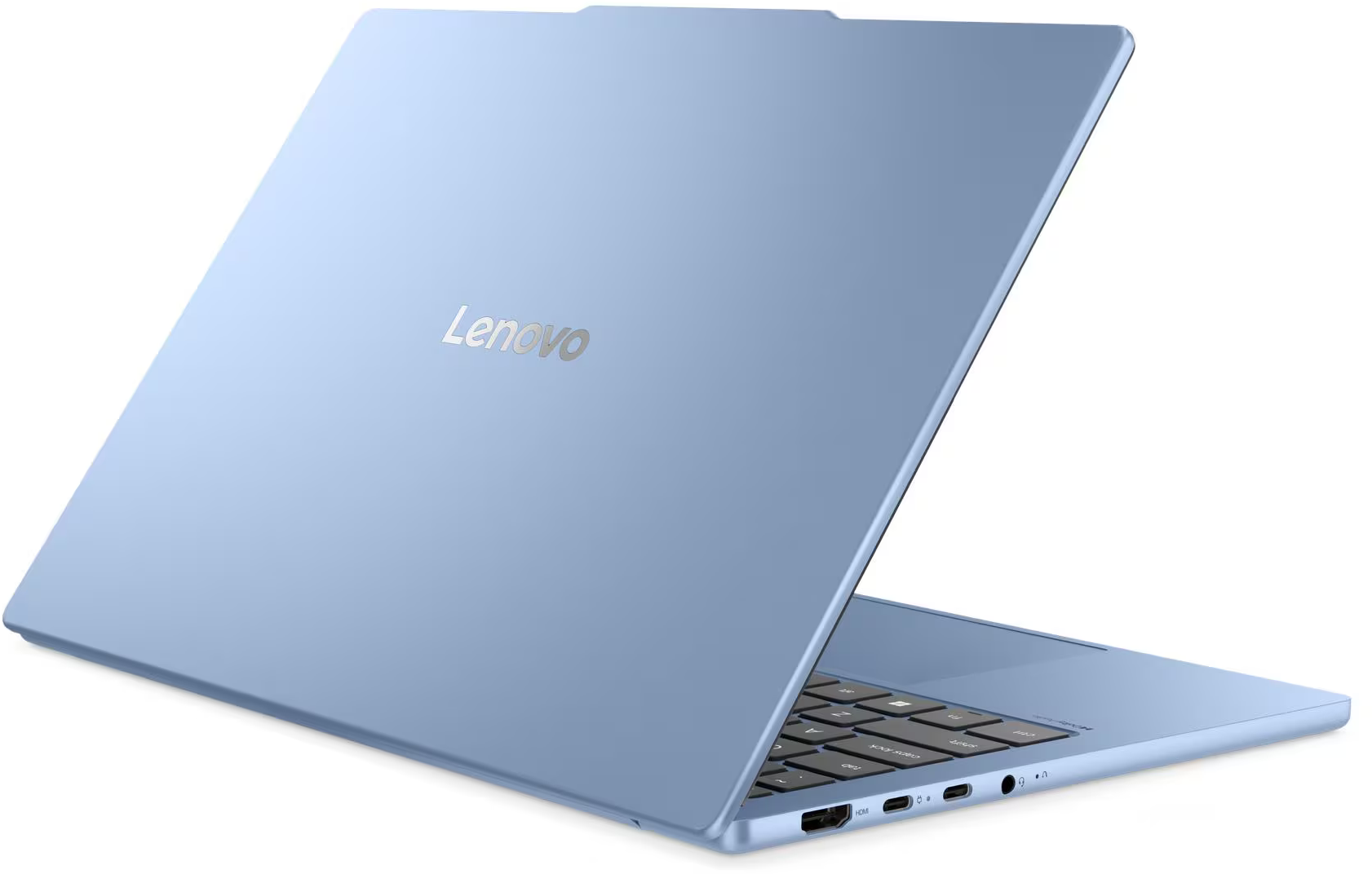 Világoskék Lenovo laptop nyitott fedéllel, billentyűzet és portok láthatók.