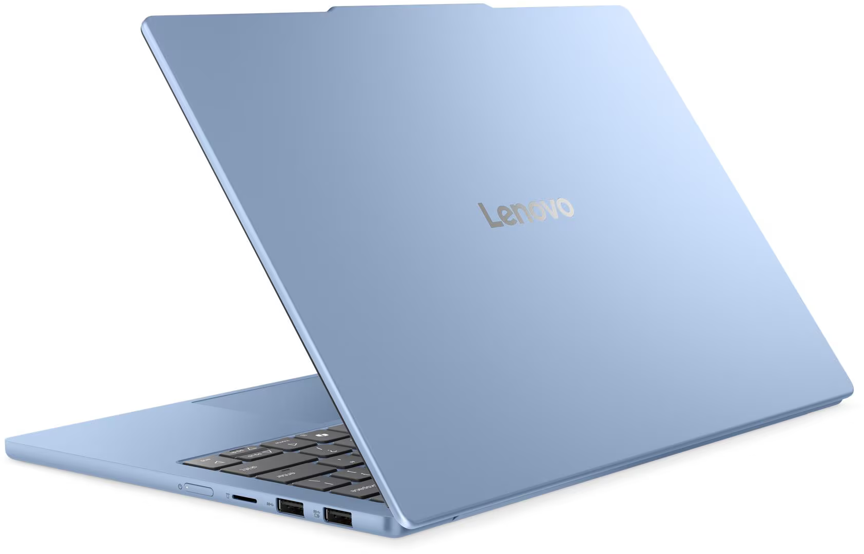 Egy világoskék Lenovo laptop nyitva van, látszik a billentyűzete.