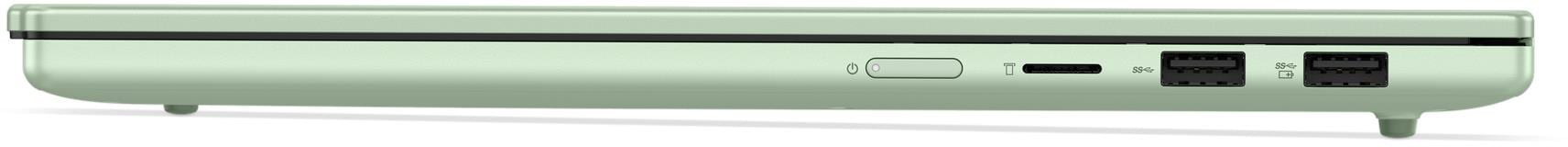 Világoszöld laptop oldala, csatlakozókkal: tápellátás, USB-C, 2x USB-A.